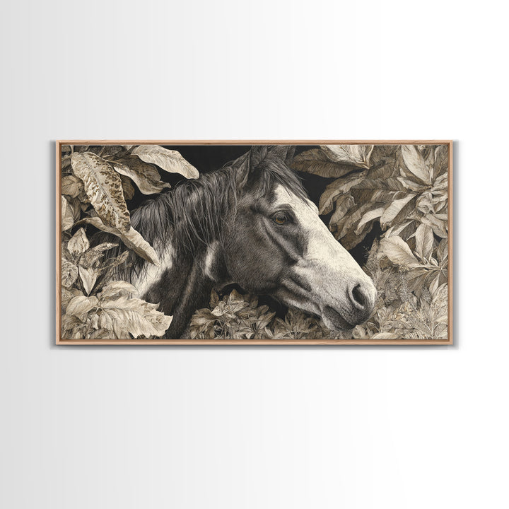 Black and White Wild Horse Portrait Canvas Print, Black and White Art, Large Wall Art, Living Room Decor, Fine Art, Monochrome, BAW-2x1-73