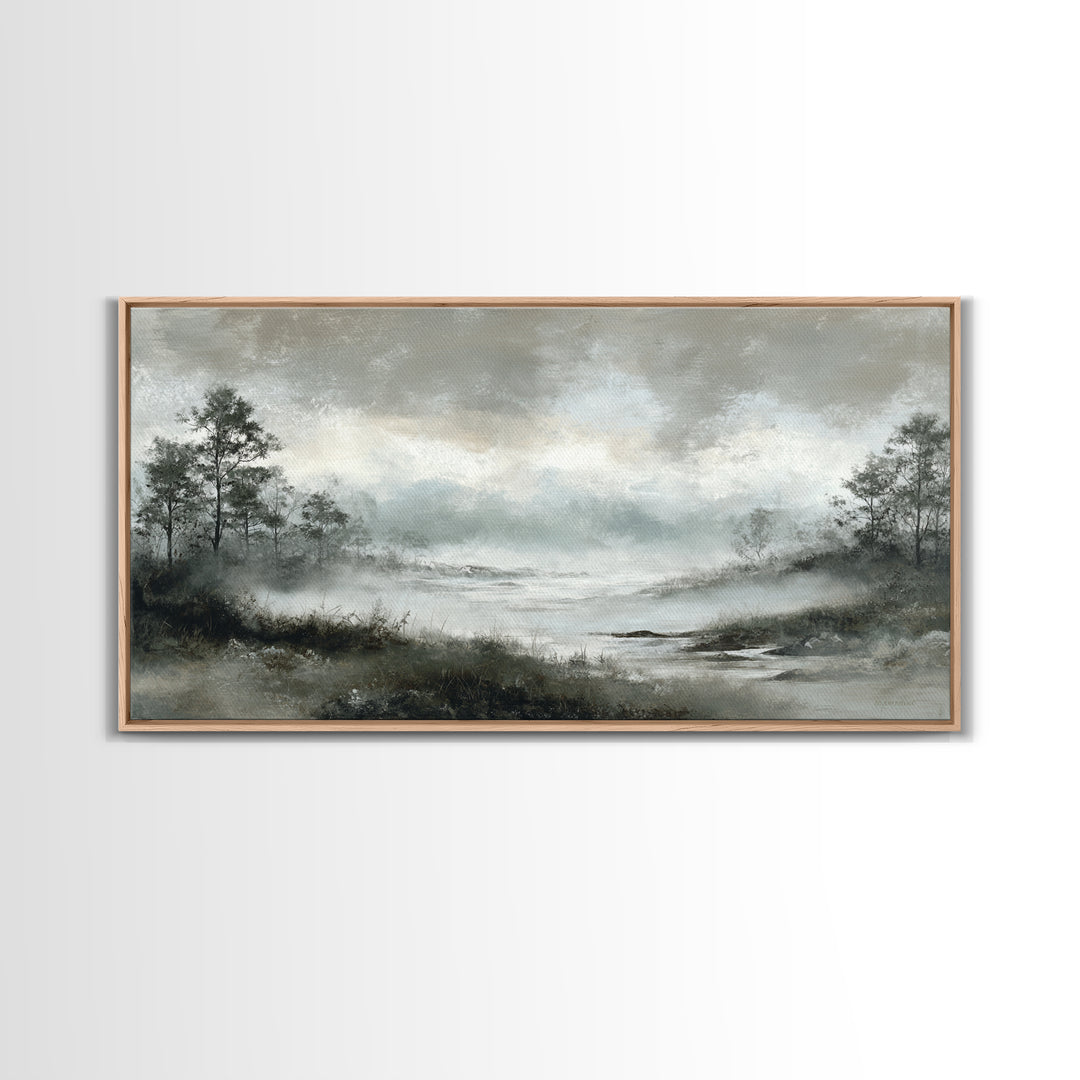 Moody Foggy Forest Framed Canvas Print, Black and White Art, Room Decor, Living Room Decor, Fine Art, Monochrome, Art Print, BAW-2x1-75
