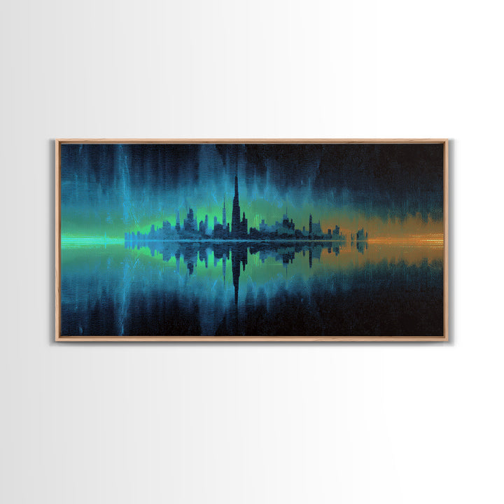 Monochrome City Skyline Reflected Framed Canvas Print, Black and White Art, Cabin Decor, Living Room Decor, Abstract Art, BAW-2x1-79