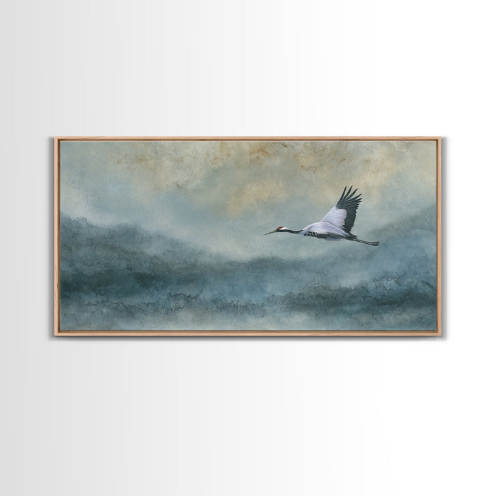 Black Ink Crane Flying Across Empty Sky Canvas Print, Black and White Art, Abstract Art, Living Room Decor, Monochrome, BAW-2x1-81
