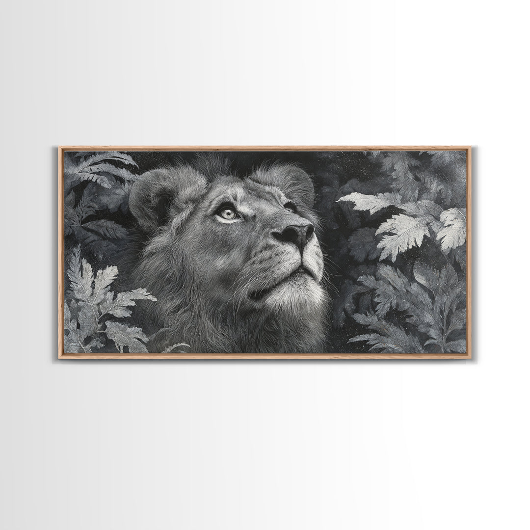 Dramatic Black and White Lion Portrait Framed Canvas Print, Black and White Art, Wood Wall Art, Living Room Decor, Monochrome, BAW-2x1-85