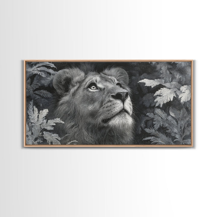 Dramatic Black and White Lion Portrait Framed Canvas Print, Black and White Art, Wood Wall Art, Living Room Decor, Monochrome, BAW-2x1-85