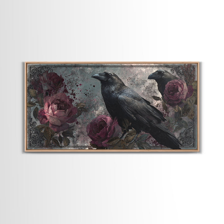 Ink Splatter Raven Composition Framed Canvas Print, Black and White Art, Large Wall Art, Living Room Decor, Monochrome, BAW-2x1-88