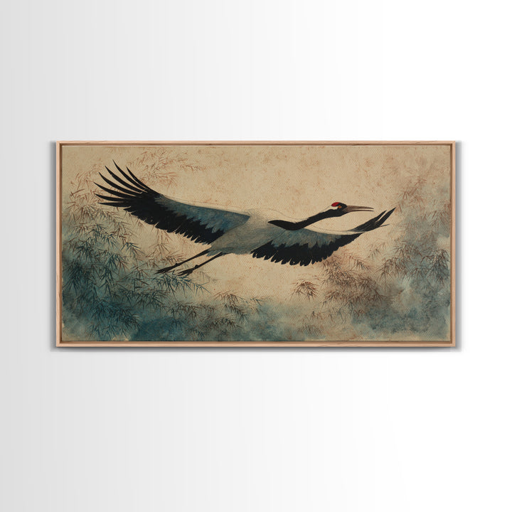Black Ink Crane Flying Across Empty Sky Canvas Print, Black and White Art, Digital Prints, Living Room Decor, Monochrome, BAW-2x1-9