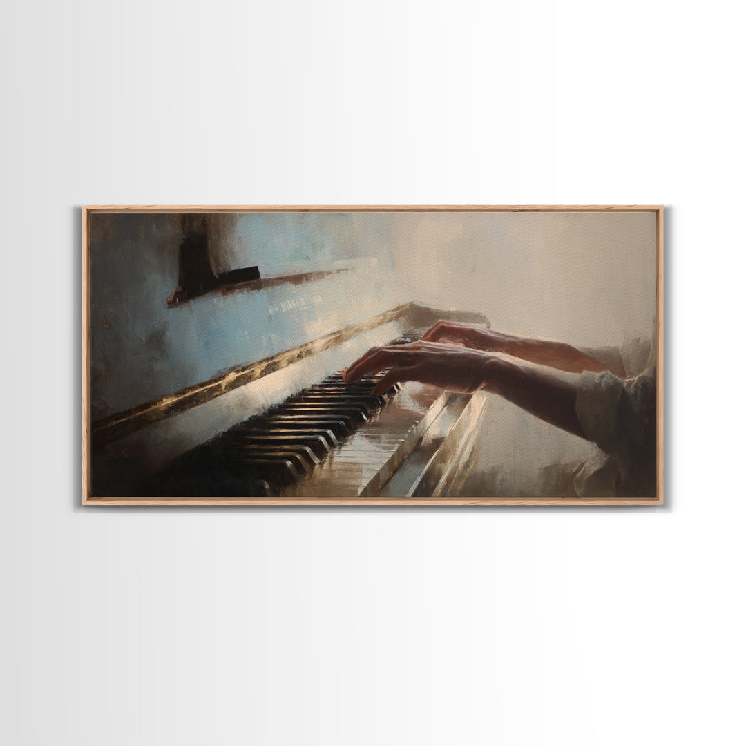 Piano Keys and Hands Framed Canvas Print, Black and White Art, Art Prints, Living Room Decor, Oil Painting, Monochrome, BAW-2x1-90