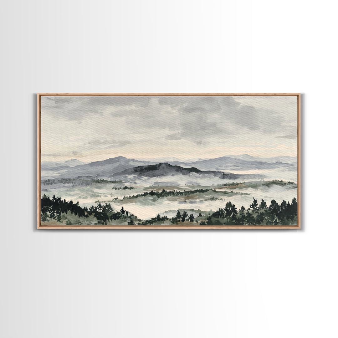 Black Ink Mountain Range Canvas Print, Black and White Art, Living Room Decor, Oil Painting, Monochrome, Abstract Wall Art, BAW-2x1-94