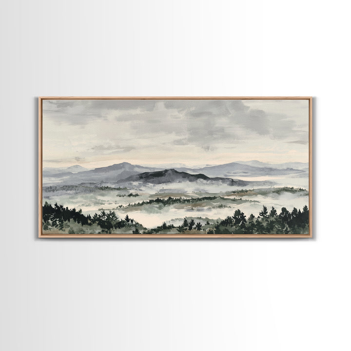 Black Ink Mountain Range Canvas Print, Black and White Art, Living Room Decor, Oil Painting, Monochrome, Abstract Wall Art, BAW-2x1-94