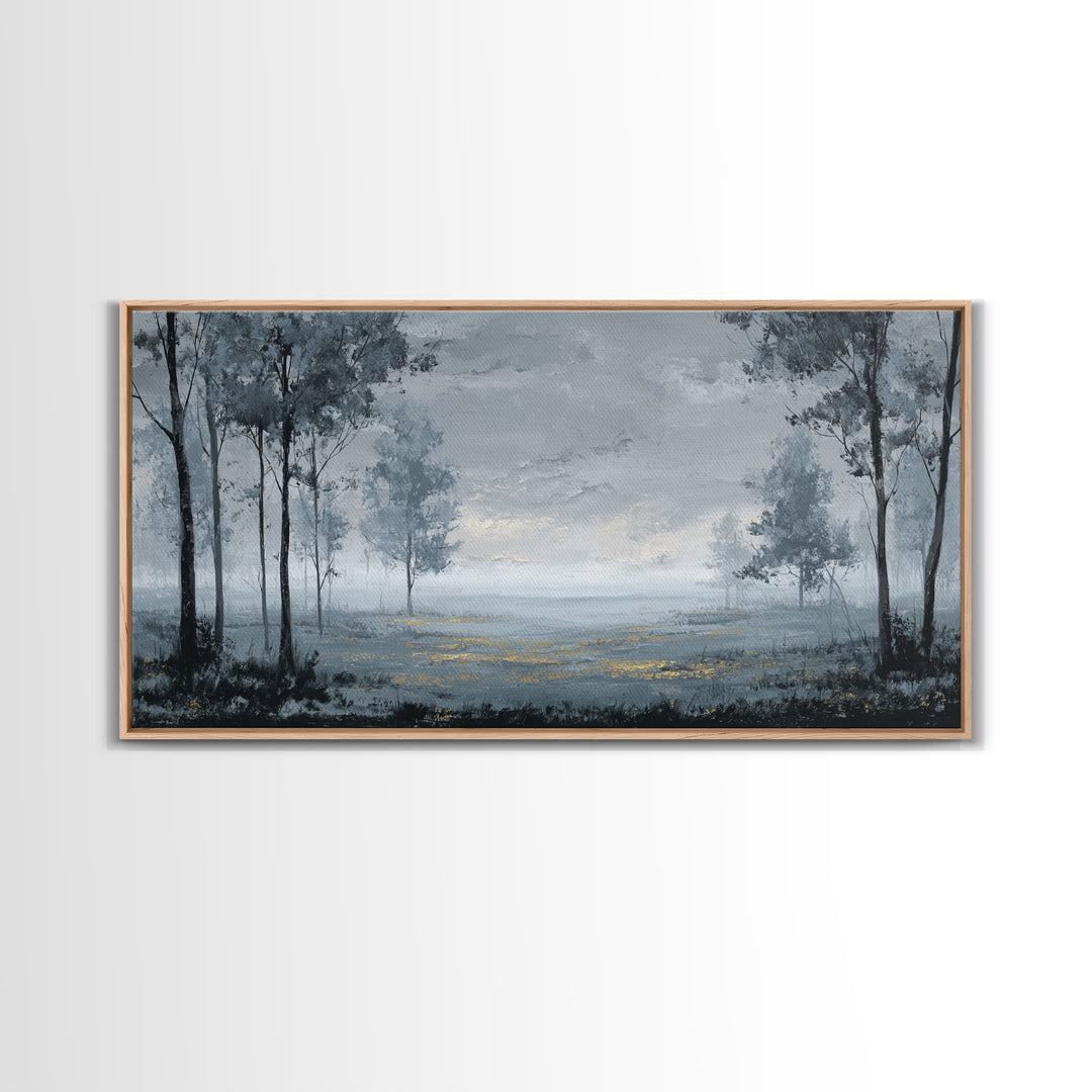 Moody Foggy Forest Framed Canvas Print, Black and White Art, Printable Art, Living Room Decor, Monochrome, Gallery Decor, BAW-2x1-99