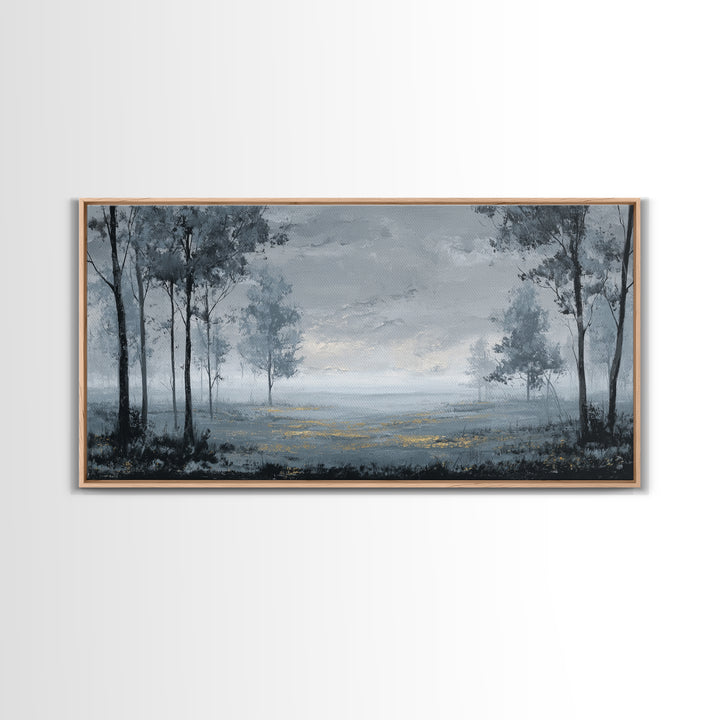 Moody Foggy Forest Framed Canvas Print, Black and White Art, Printable Art, Living Room Decor, Monochrome, Gallery Decor, BAW-2x1-99