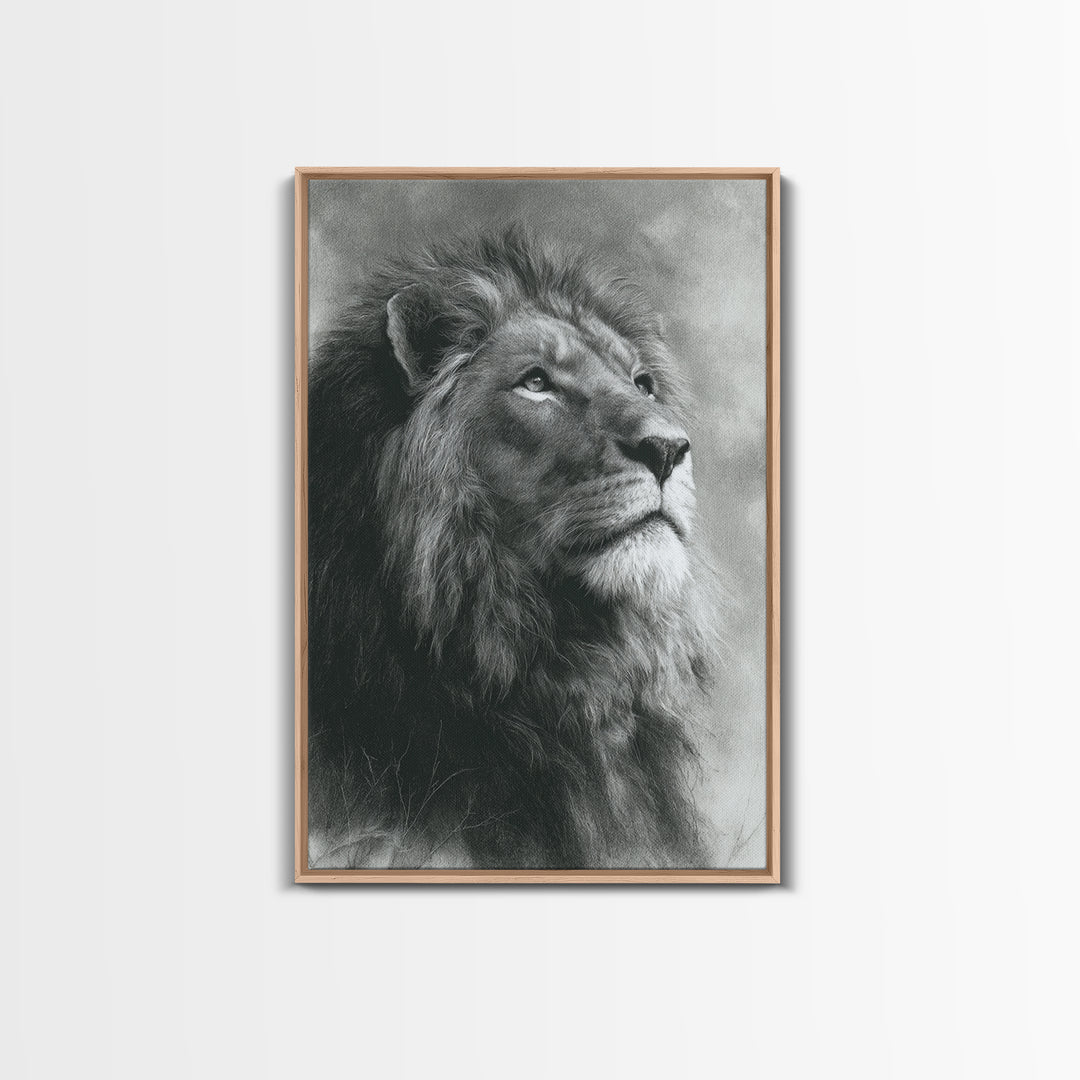 Dramatic Black and White Lion Portrait Framed Canvas Print, Black and White Art, Art Print, Living Room Decor, Monochrome, BAW-2x3-1