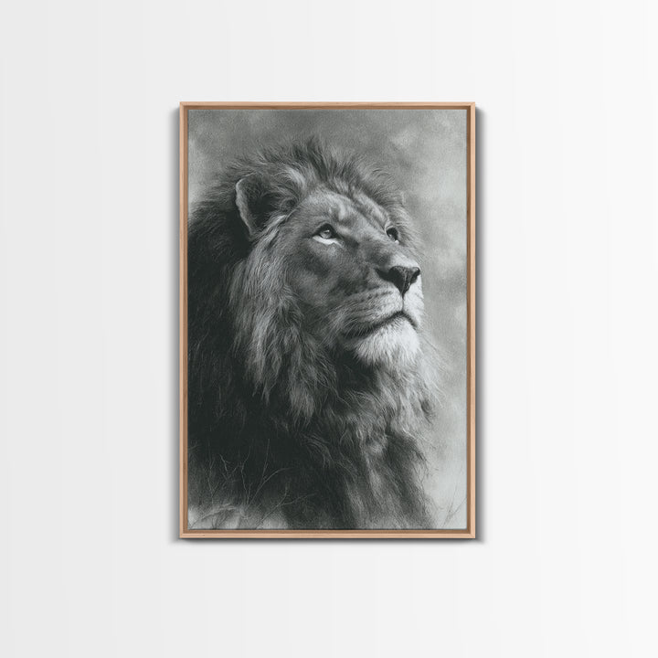 Dramatic Black and White Lion Portrait Framed Canvas Print, Black and White Art, Art Print, Living Room Decor, Monochrome, BAW-2x3-1