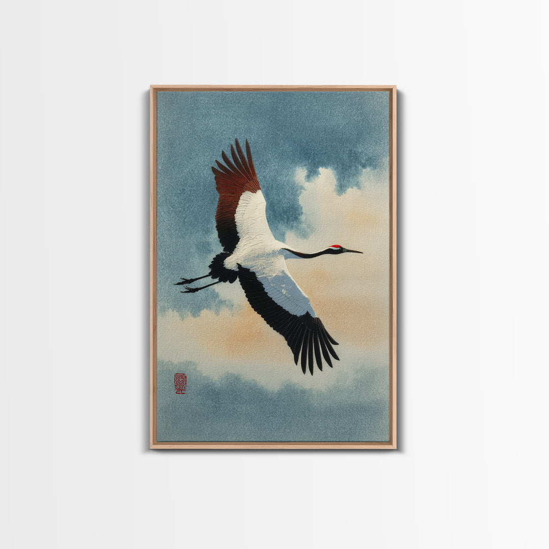 Black Ink Crane Flying Across Empty Sky Canvas Print, Black and White Art, Art Prints, Living Room Decor, Monochrome, BAW-2x3-21