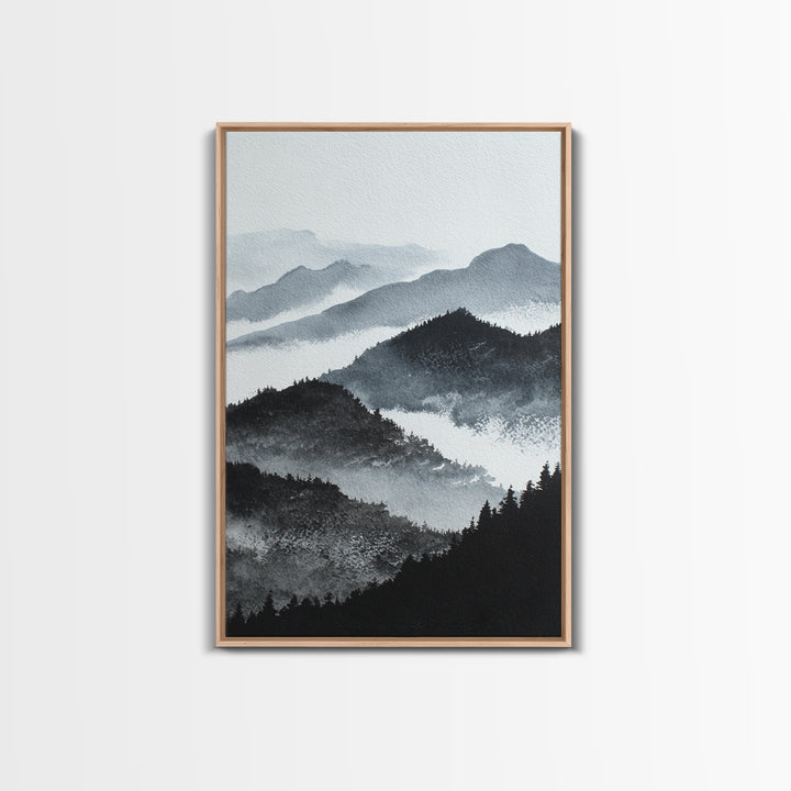 Black Ink Mountain Range Framed Canvas Print, Black and White Art, Halloween Decor, Living Room Decor, Fine Art, Monochrome, BAW-2x3-34