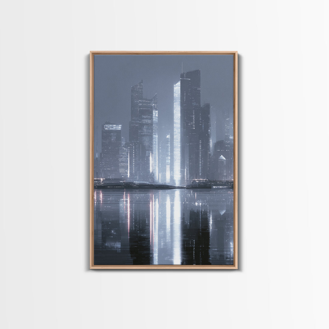 Monochrome City Skyline Reflected Canvas Print, Black and White Art, Printable Wall Art, Living Room Decor, Monochrome, BAW-2x3-43