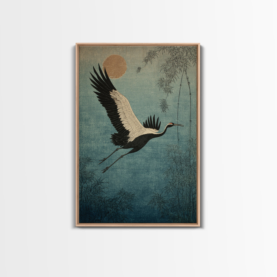 Black Ink Crane Flying Across Empty Sky Canvas Print, Black and White Art, Gothic Decor, Living Room Decor, Monochrome, BAW-2x3-45