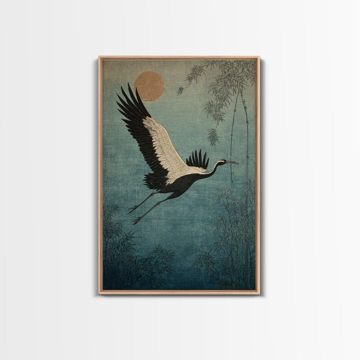 Black Ink Crane Flying Across Empty Sky Canvas Print, Black and White Art, Gothic Decor, Living Room Decor, Monochrome, BAW-2x3-45