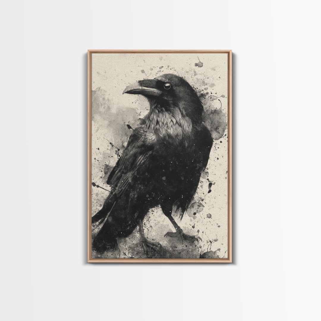 Ink Splatter Raven Composition Framed Canvas Print, Black and White Art, Art, Living Room Decor, Fine Art, Monochrome, BAW-2x3-52