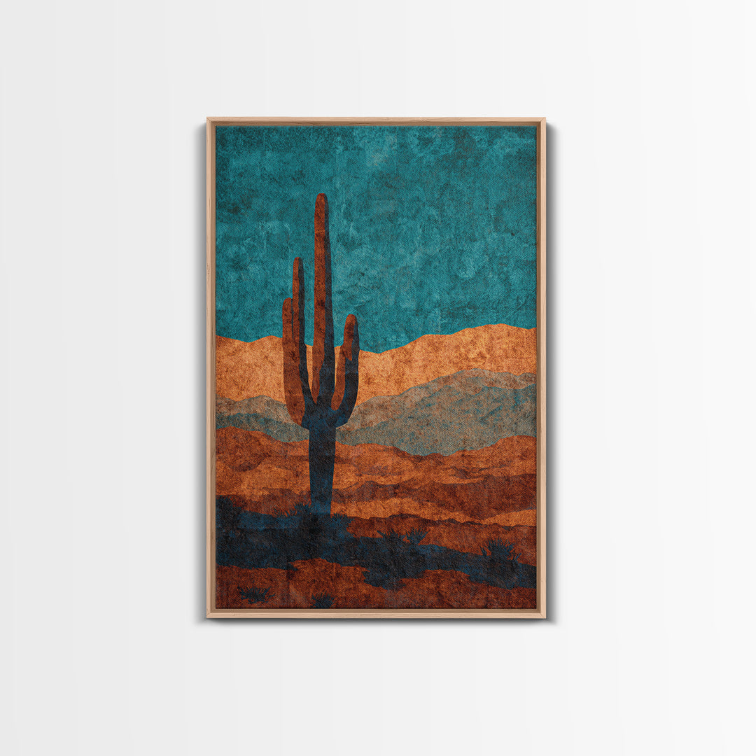 Monochrome Desert Cactus Silhouette Framed Canvas Print, Black and White Art, Original Art, Living Room Decor, Monochrome, BAW-2x3-53