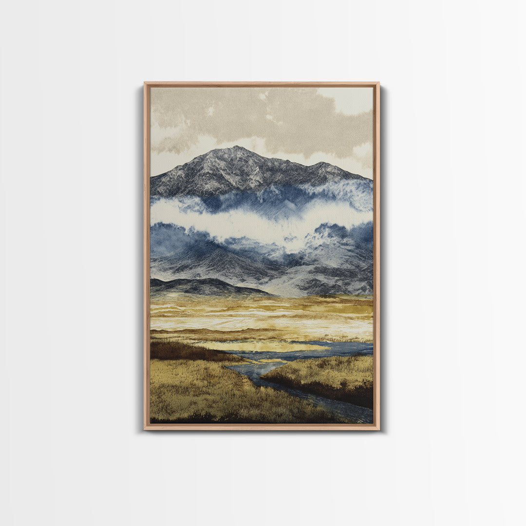 Black Ink Mountain Range Canvas Print, Black and White Art, Printable Wall Art, Living Room Decor, Watercolor Art, Monochrome, BAW-2x3-58