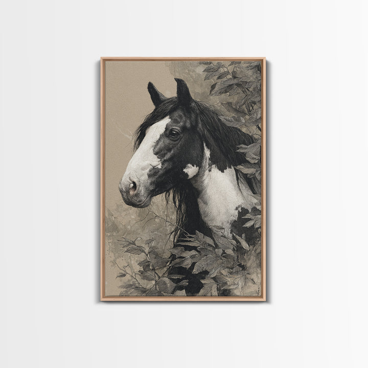 Black and White Wild Horse Portrait Canvas Print, Black and White Art, Wood Wall Art, Living Room Decor, Fine Art, Monochrome, BAW-2x3-61