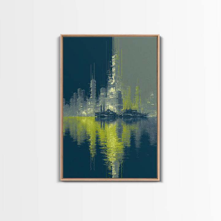 Monochrome City Skyline Reflected Canvas Print, Black and White Art, Wood Wall Art, Living Room Decor, Fine Art, Monochrome, BAW-2x3-67
