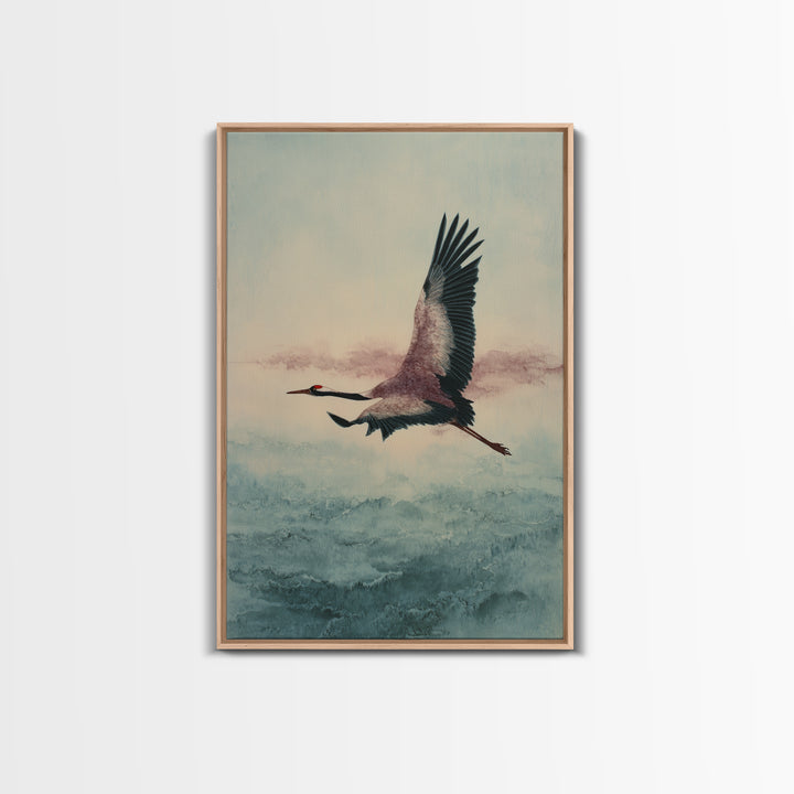 Black Ink Crane Flying Across Empty Sky Framed Canvas Print, Black and White Art, Printable Art, Living Room Decor, Monochrome, BAW-2x3-69