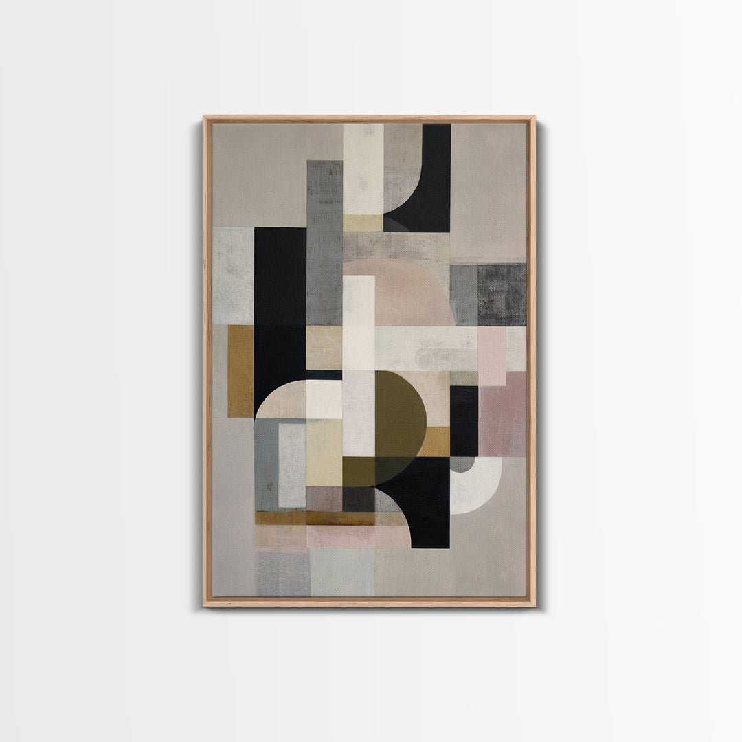 Geometric Bauhaus Grayscale Shapes Framed Canvas Print, Black and White Art, Digital Art, Living Room Decor, Abstract Art, BAW-2x3-74