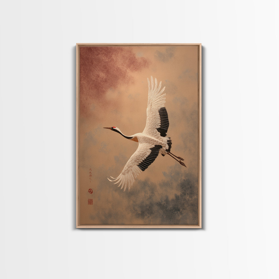 Black Ink Crane Flying Across Empty Sky Framed Canvas Print, Black and White Art, Printable Art, Living Room Decor, Monochrome, BAW-2x3-93