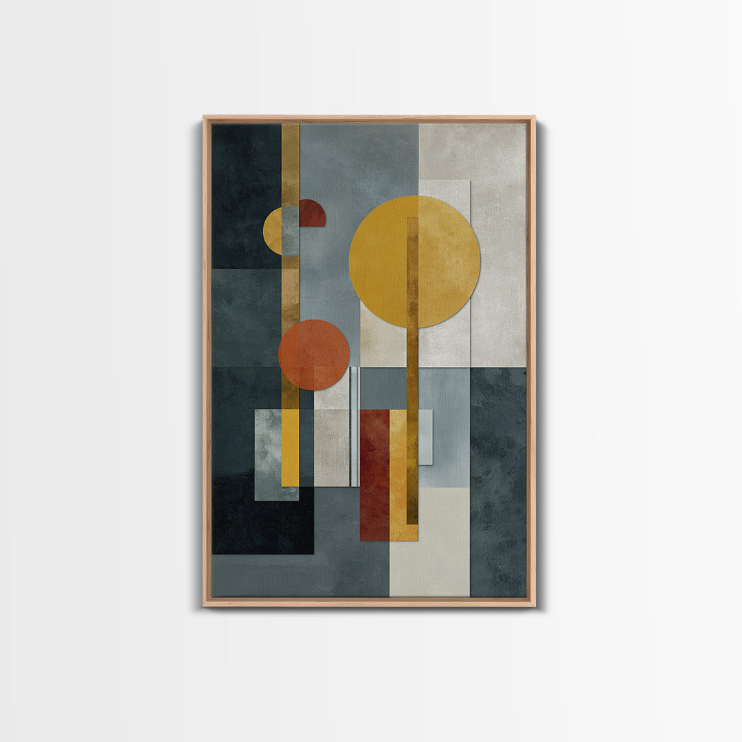 Geometric Bauhaus Grayscale Shapes Framed Canvas Print, Black and White Art, Digital Art, Living Room Decor, Abstract Art, BAW-2x3-98