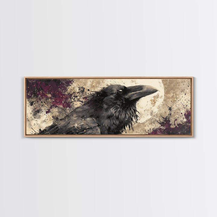 Ink Splatter Raven Composition Framed Canvas Print, Black and White Art, Photography Prints, Living Room Decor, Monochrome, BAW-3x1-12