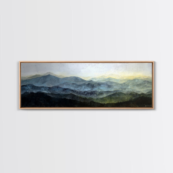 Black Ink Mountain Range Framed Canvas Print, Black and White Art, Large Wall Art, Living Room Decor, Fine Art, Monochrome, BAW-3x1-18