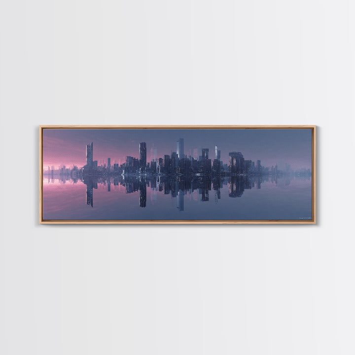 Monochrome City Skyline Reflected Canvas Print, Black and White Art, Textured Painting, Living Room Decor, Monochrome, BAW-3x1-27