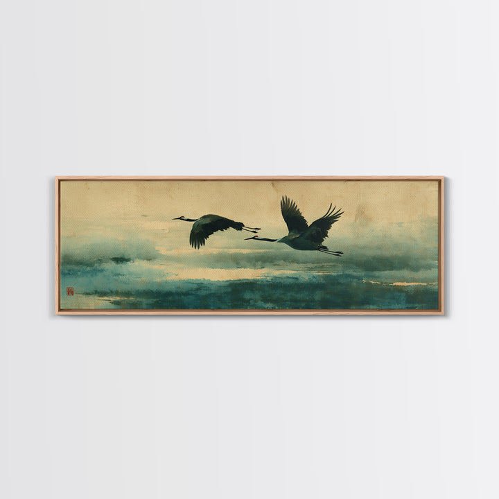 Black Ink Crane Flying Across Empty Sky Canvas Print, Black and White Art, Modern Wall Art, Living Room Decor, Oil Painting, BAW-3x1-29