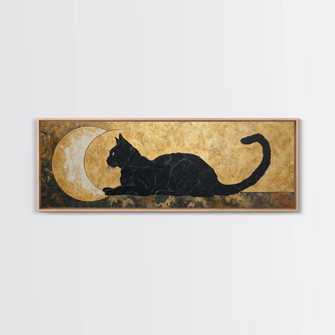 Black Cat Silhouette Framed Canvas Print, Black and White Art, Photo Prints, Living Room Decor, Watercolor Art, Monochrome, BAW-3x1-32