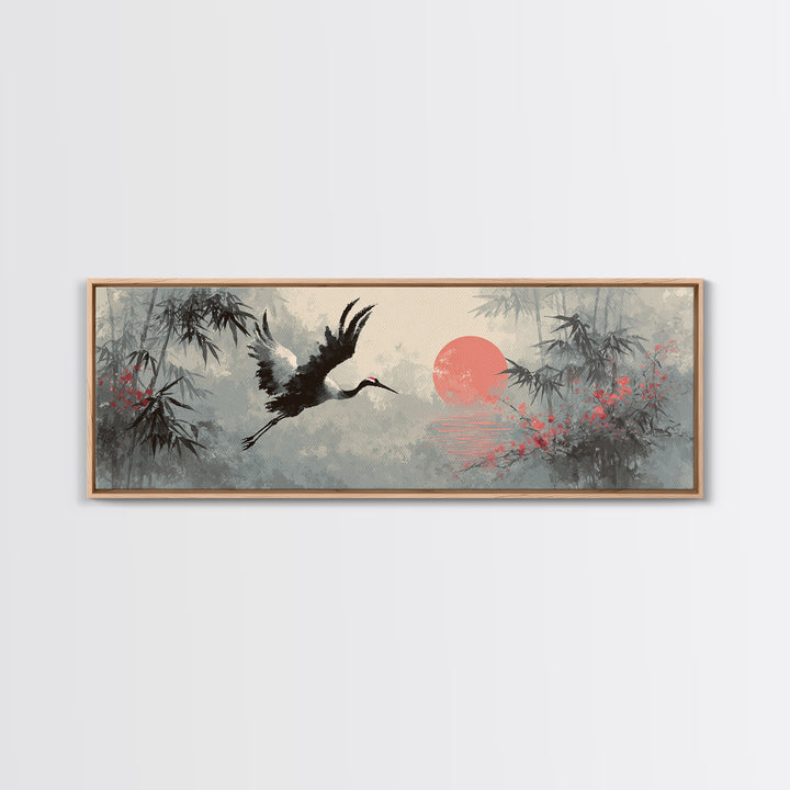 Black Ink Crane Flying Across Empty Sky Canvas Print, Black and White Art, Abstract Art, Living Room Decor, Monochrome, BAW-3x1-5