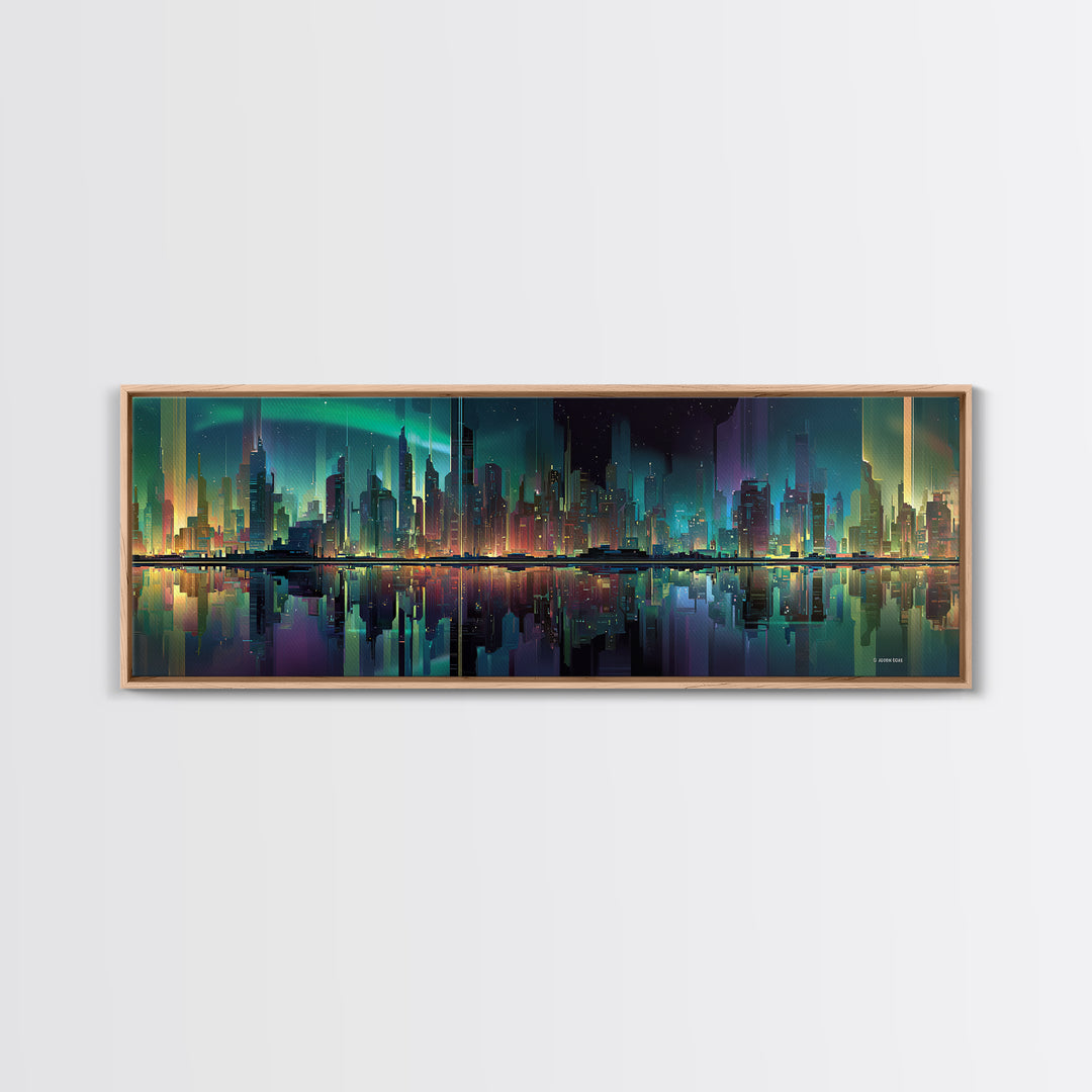 Monochrome City Skyline Reflected Framed Canvas Print, Black and White Art, Art Print, Living Room Decor, Fine Art, Monochrome, BAW-3x1-51