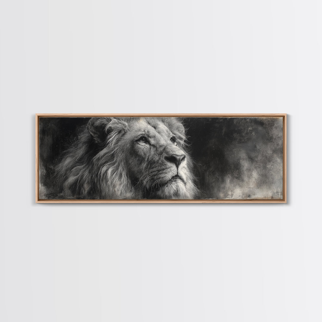 Dramatic Black and White Lion Portrait Framed Canvas Print, Black and White Art, Cabin Decor, Living Room Decor, Monochrome, BAW-3x1-57