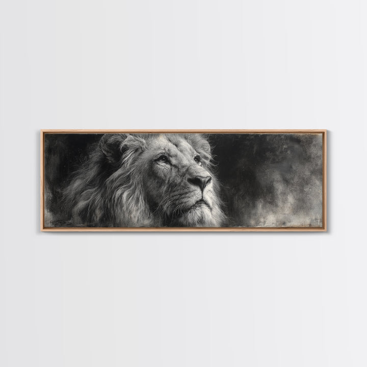 Dramatic Black and White Lion Portrait Framed Canvas Print, Black and White Art, Cabin Decor, Living Room Decor, Monochrome, BAW-3x1-57