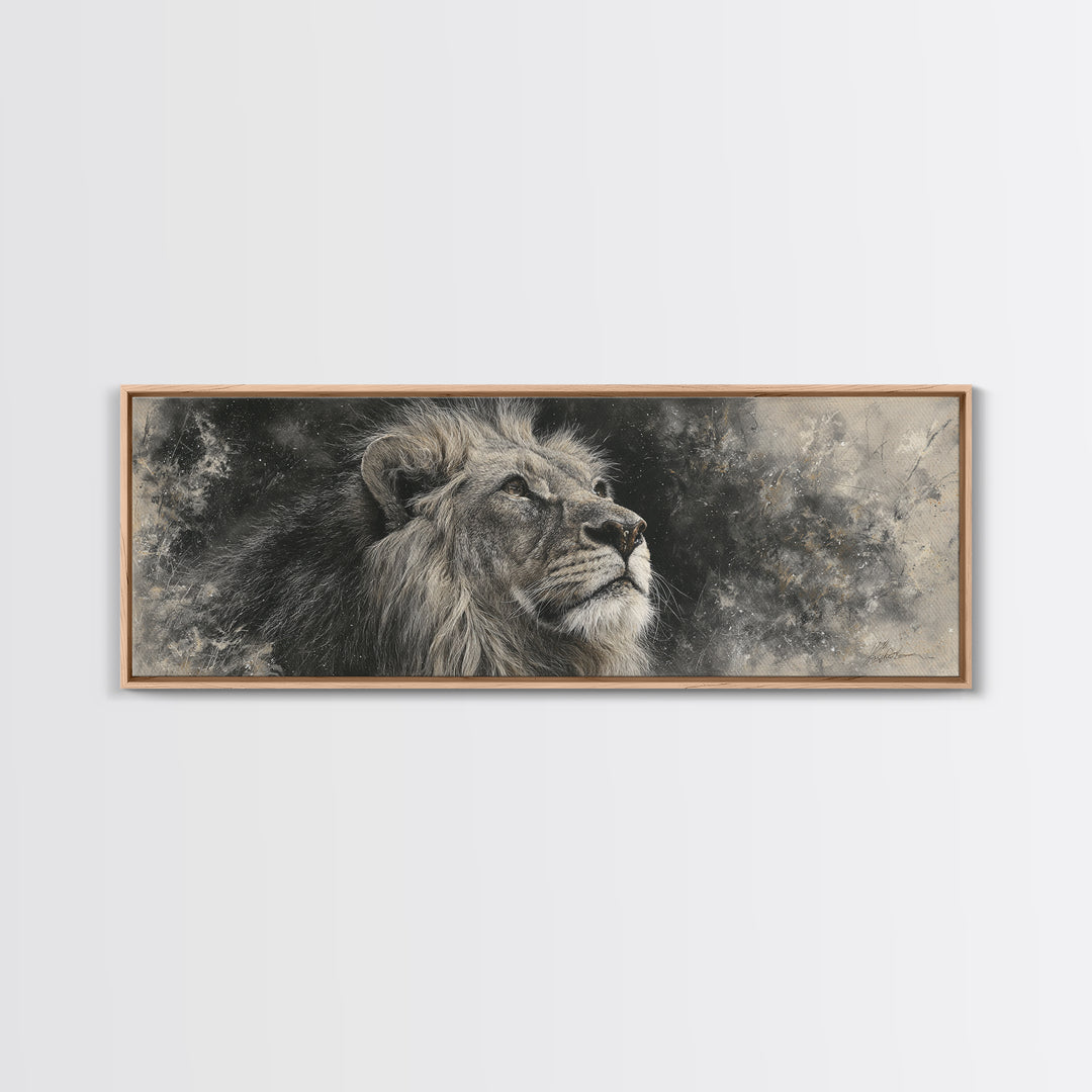 Dramatic Black and White Lion Portrait Framed Canvas Print, Black and White Art, Cabin Decor, Living Room Decor, Monochrome, BAW-3x1-81