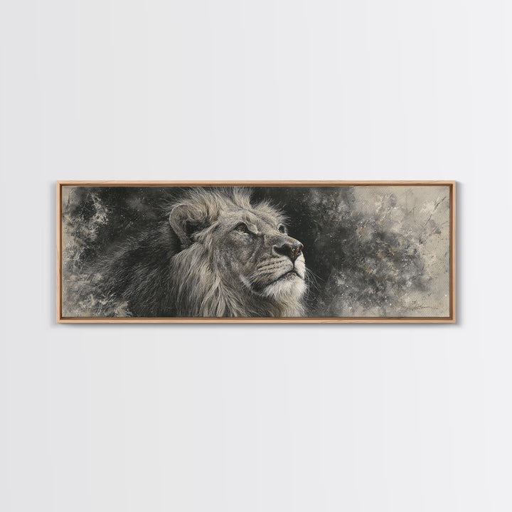Dramatic Black and White Lion Portrait Framed Canvas Print, Black and White Art, Cabin Decor, Living Room Decor, Monochrome, BAW-3x1-81