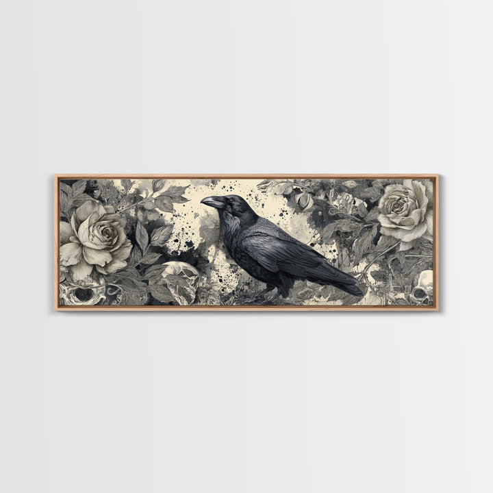 Ink Splatter Raven Composition Framed Canvas Print, Black and White Art, Halloween Decor, Living Room Decor, Monochrome, BAW-3x1-84