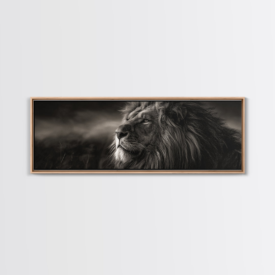 Dramatic Black and White Lion Portrait Framed Canvas Print, Black and White Art, Wood Wall Art, Living Room Decor, Monochrome, BAW-3x1-9