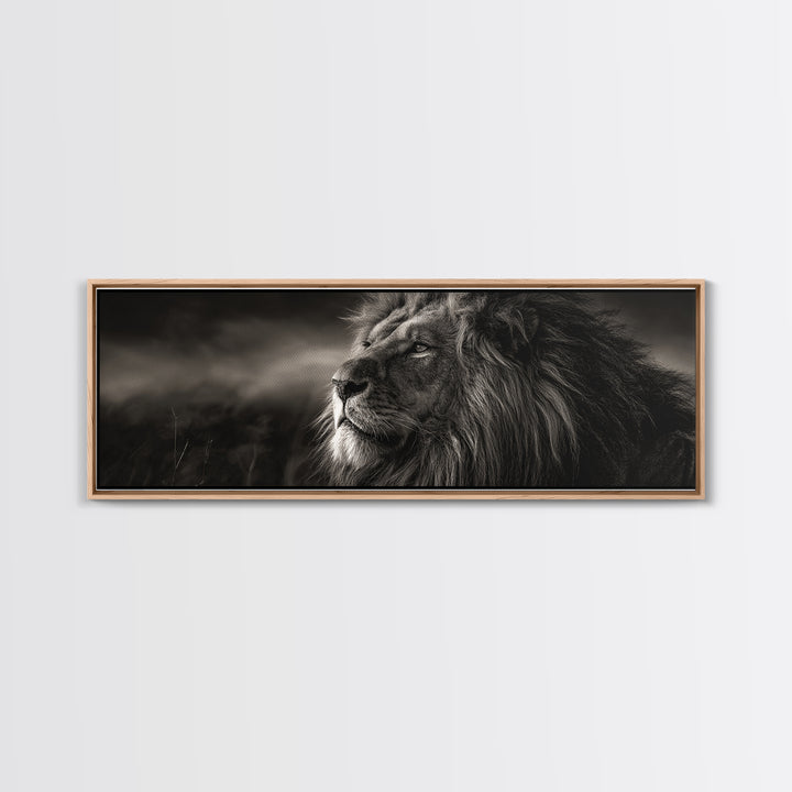 Dramatic Black and White Lion Portrait Framed Canvas Print, Black and White Art, Wood Wall Art, Living Room Decor, Monochrome, BAW-3x1-9