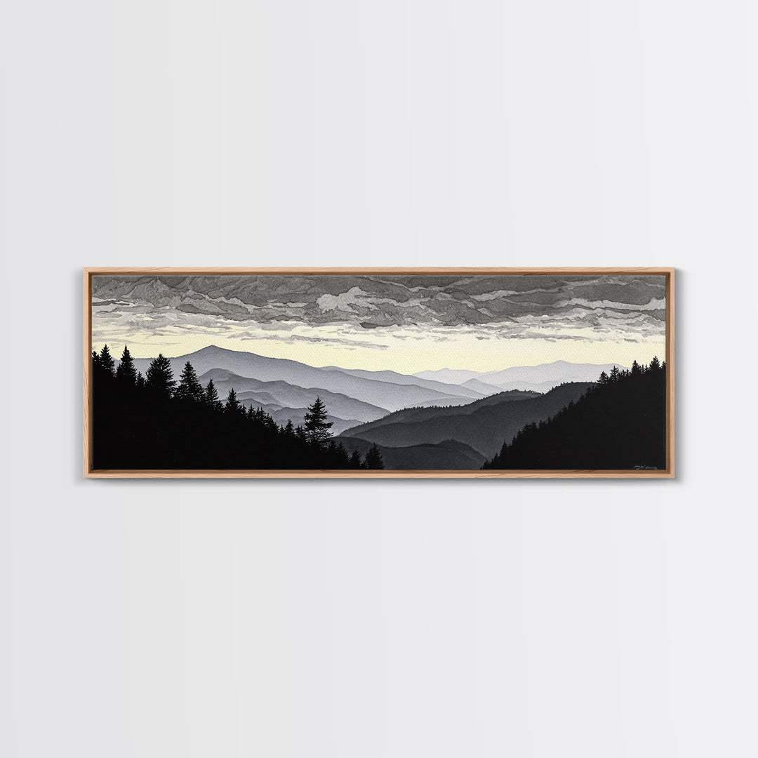 Black Ink Mountain Range Framed Canvas Print, Black and White Art, Photography Prints, Living Room Decor, Watercolor Art, BAW-3x1-90