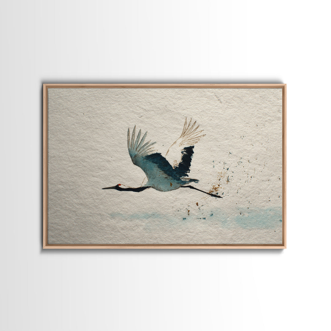 Black Ink Crane Flying Across Empty Sky Canvas Print, Black and White Art, Retro Wall Art, Living Room Decor, Monochrome, BAW-3x2-17