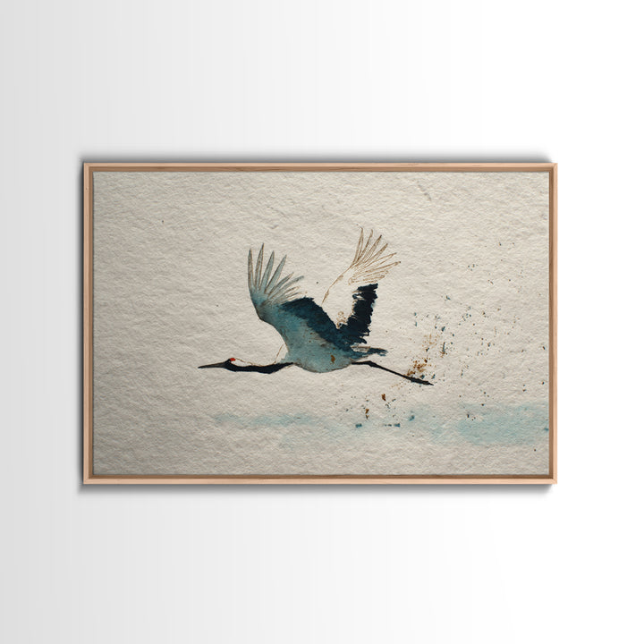 Black Ink Crane Flying Across Empty Sky Canvas Print, Black and White Art, Retro Wall Art, Living Room Decor, Monochrome, BAW-3x2-17
