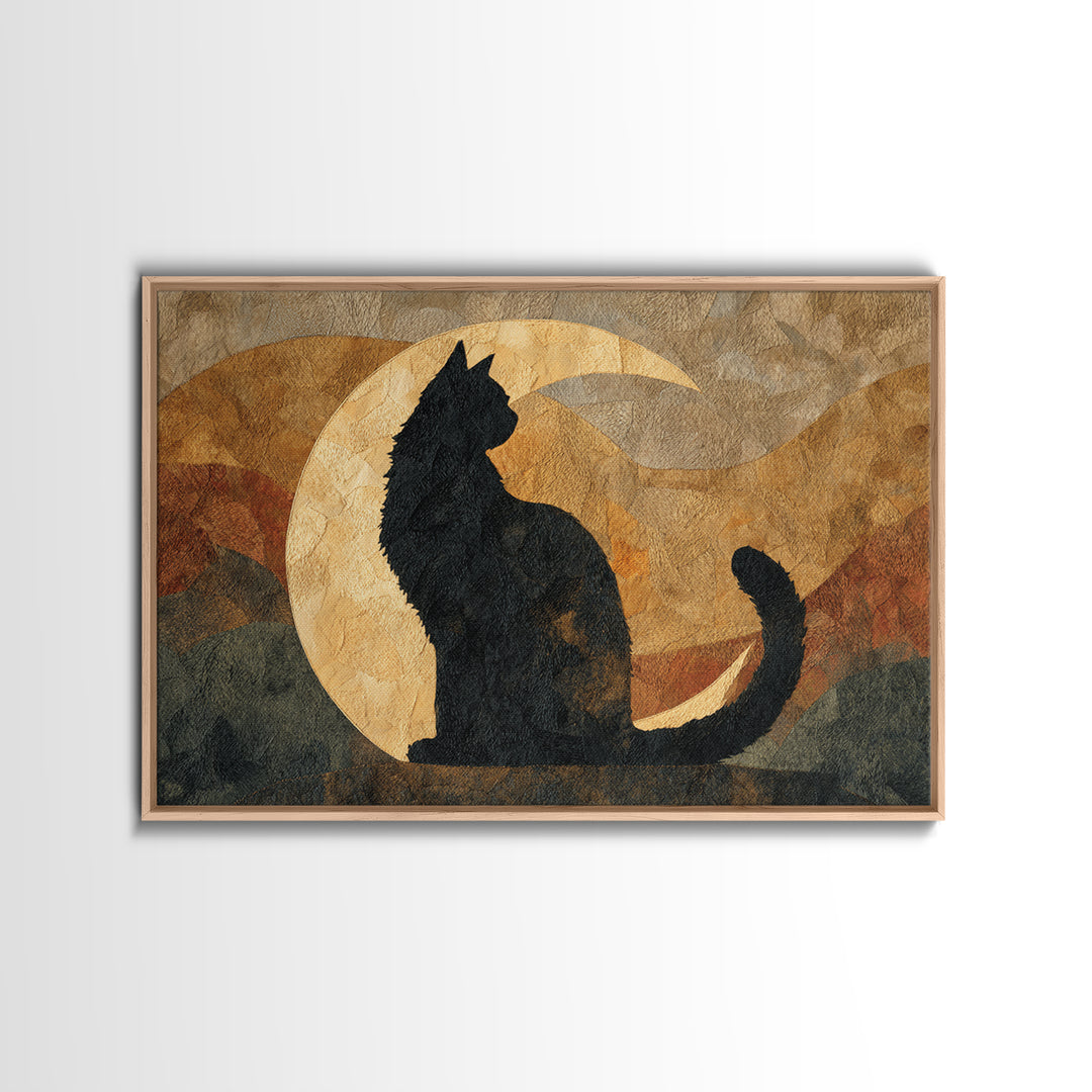 Black Cat Silhouette Framed Canvas Print, Black and White Art, Retro Wall Art, Living Room Decor, Fine Art, Monochrome, BAW-3x2-20