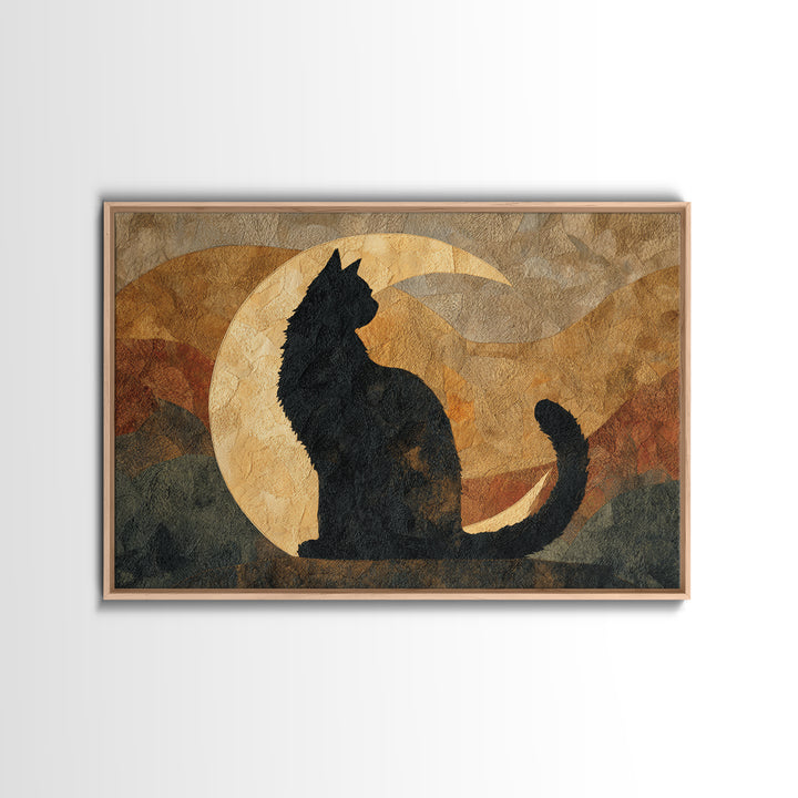 Black Cat Silhouette Framed Canvas Print, Black and White Art, Retro Wall Art, Living Room Decor, Fine Art, Monochrome, BAW-3x2-20