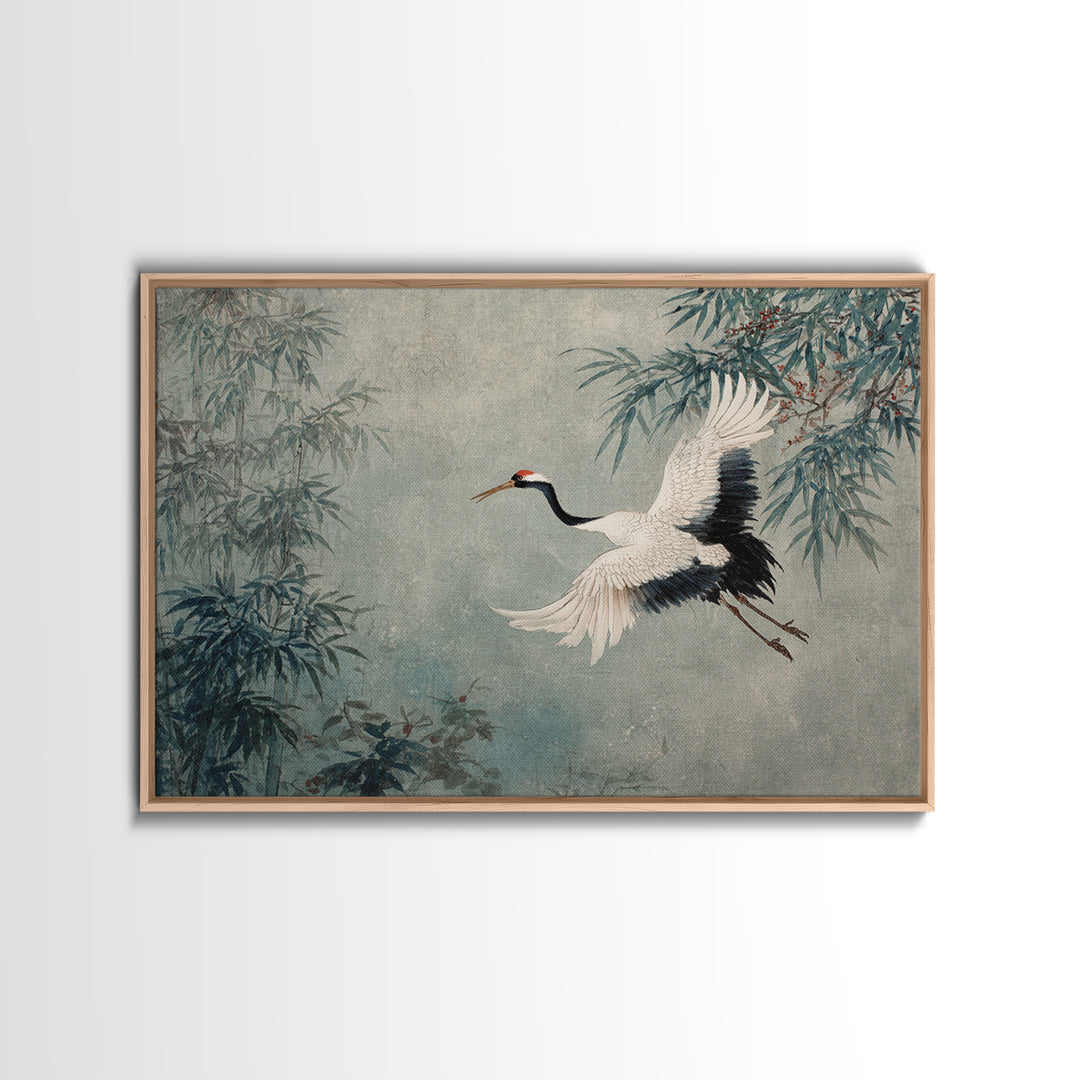 Black Ink Crane Flying Across Empty Sky Canvas Print, Black and White Art, Photo Prints, Living Room Decor, Monochrome, BAW-3x2-41