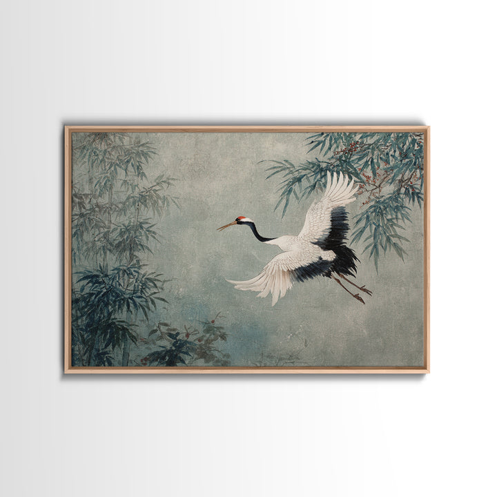 Black Ink Crane Flying Across Empty Sky Canvas Print, Black and White Art, Photo Prints, Living Room Decor, Monochrome, BAW-3x2-41
